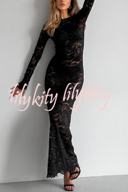 Sexy Openwork Lace Long-sleeved Slim-fit Fishtail Maxi Dress