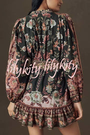 Brazilian Style Unique Floral Print Puff Sleeve Belted Pleated Hem Mini Dress