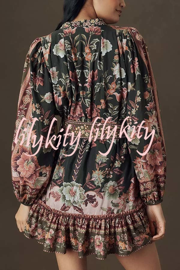Brazilian Style Unique Floral Print Puff Sleeve Belted Pleated Hem Mini Dress