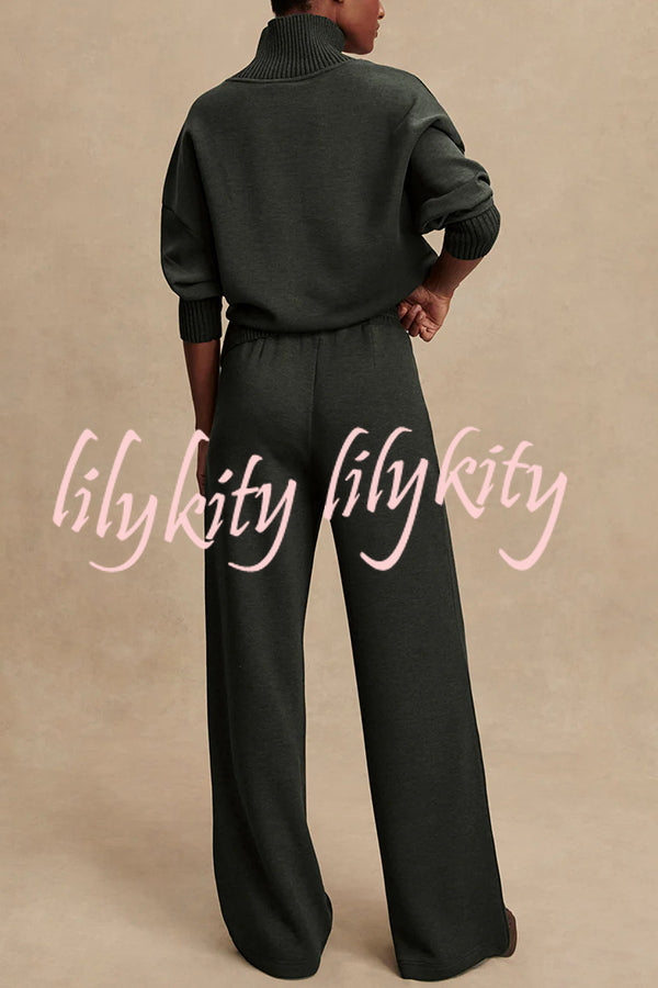 Barker High-Neck Long Sleeve Side Zipper Sweatshirt and Elastic Waist Pocketed Loose Pants Set
