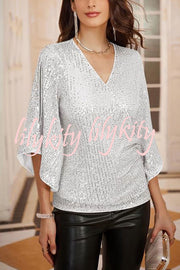 Solid Color Sequined V-neck Hollow Sleeve Slim Fit Top