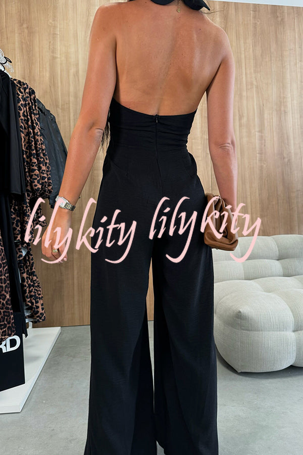 Easy Mode Cross-neck Halter Strap Backless Wide Leg Jumpsuit