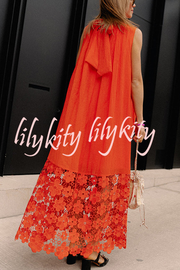 Breezy Comfort Tie-up Neck Sleeveless Floral Lace Hem Maxi Dress