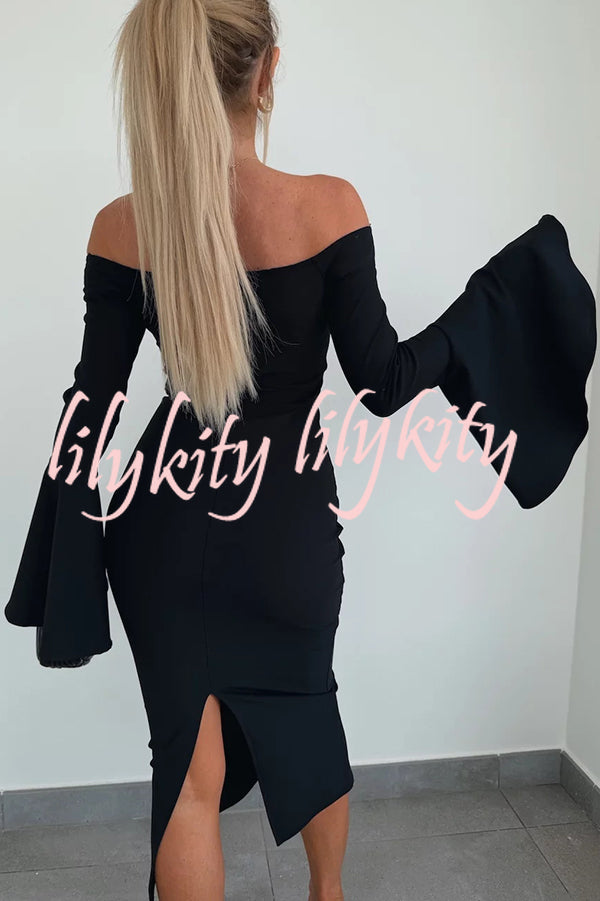 Solid Color Sexy Off-shoulder Trumpet Sleeve Slim Midi Dress