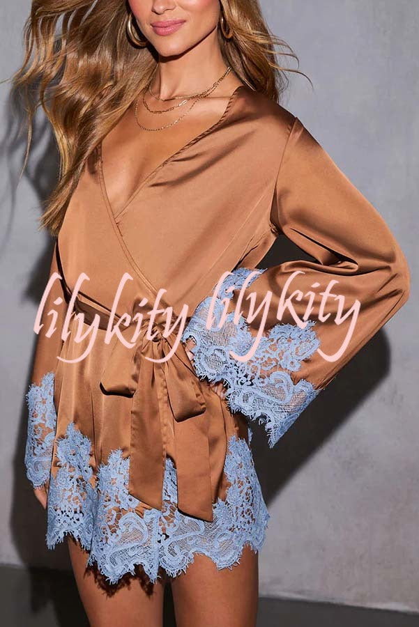 Joyful Bond Satin Lace Trim Contrast Color Bell Sleeve Tie-up Kimono Mini Dress