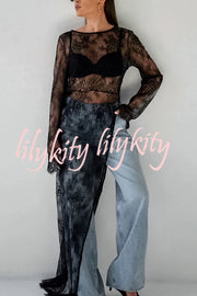 Sexy Openwork Lace Long-sleeved Asymmetrical Casual Top