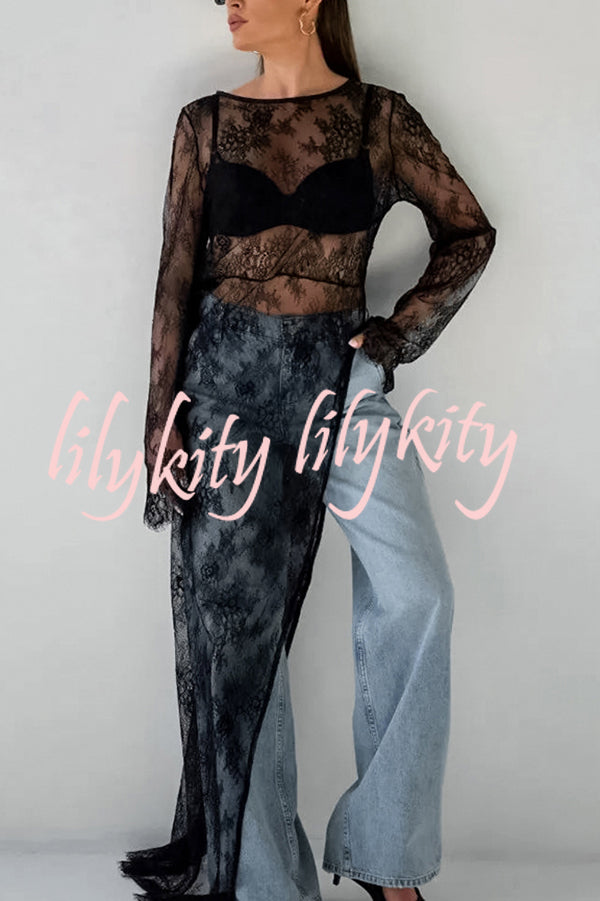 Sexy Openwork Lace Long-sleeved Asymmetrical Casual Top