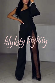 Fashionable Oblique Shoulder One-sleeve Sexy High Slit Slim Jumpsuit