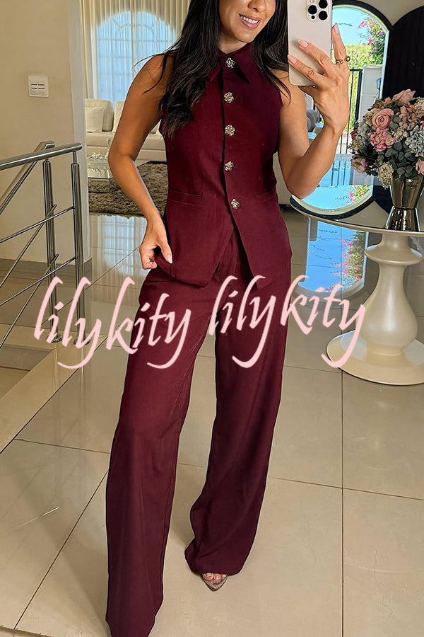 Fashion Lapel Sleeveless Button Vest and Casual Straight-leg Suit Pants Set