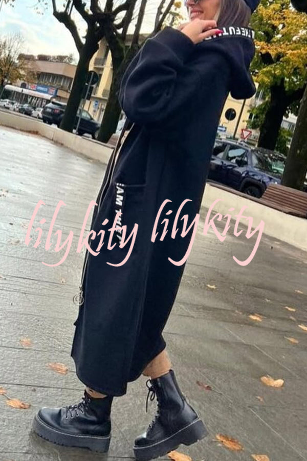 Fashionable and Casual Hooded Zipper Pocket Loose Long Coat
