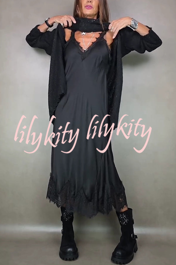 Fashionable V-neck Suspender Lace Splicing Casual Midi Dress