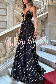 Charming View Chiffon Gold Polka Dot Print Cutout Lightweight Maxi Dress