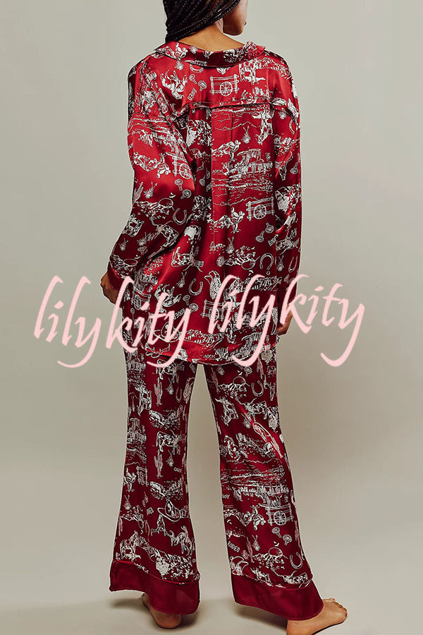 Unique Printed Lounge Long-sleeved Shirt and Elastic Waisted Baggy Pants Set