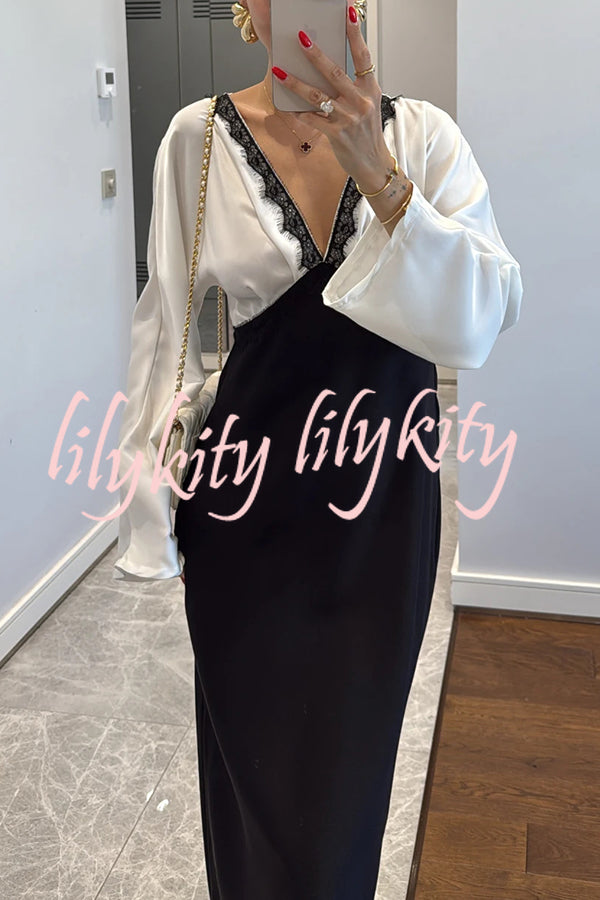 Lainei Contrast Color Satin Lace Trim V-neck Long Sleeve Maxi Dress