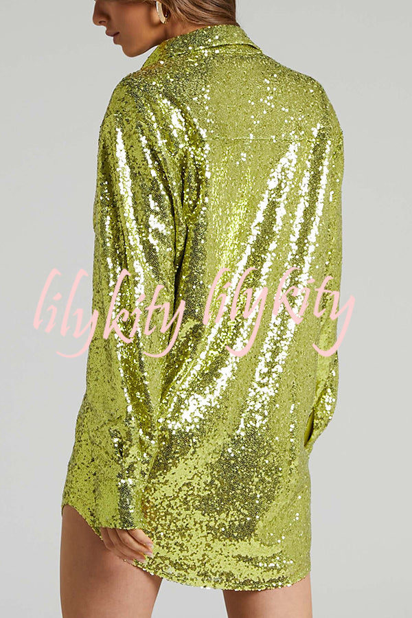 Solid Color Sequined Long-sleeved Casual Mid-length Loose Shirt