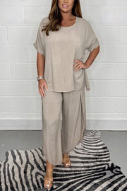 Solid Color Round Neck Short-sleeved Loose Top and Elastic Waist Casual Pants Set