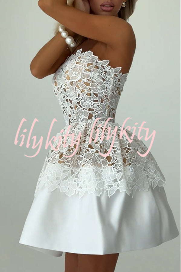 Angie Embroidered Floral Lace Patchwork Off Shoulder Tulip Hem Mini Dress