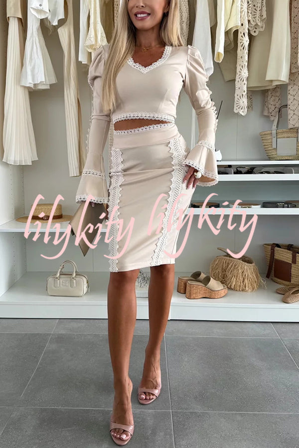 Career Beauty Lace Paneled Long Bell Sleeve Crop Top and High Rise Mini Skirt Set