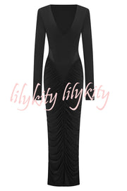Sexy See-through Long-sleeved V-neck Pleated Slim-fit Maxi Dress