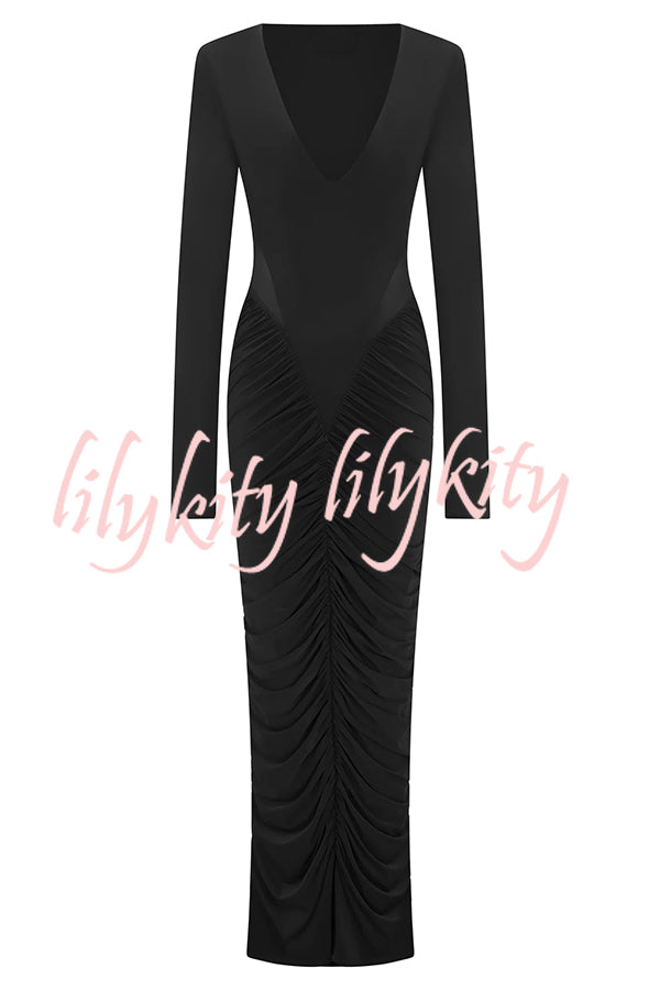 Sexy See-through Long-sleeved V-neck Pleated Slim-fit Maxi Dress