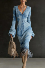 Unique Printed V-neck Long-sleeved Elegant Tassel Hem Midi Dress