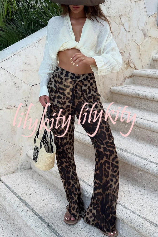 Minka Chiffon Leopard Elastic Waist Pocketed Loose Cargo Pants