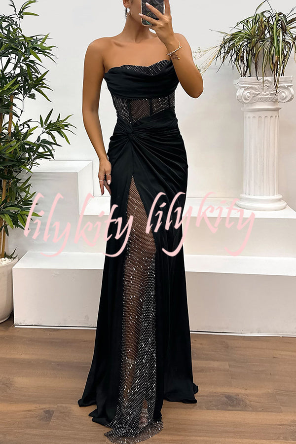 Audrey Satin Paneled Mesh Sequin Fabric Off Shoulder Ruched Drape Maxi Dress