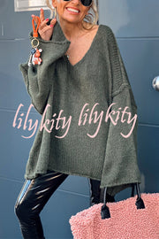 Fashionable Patchwork V-neck Long-sleeved Knitted Sweater