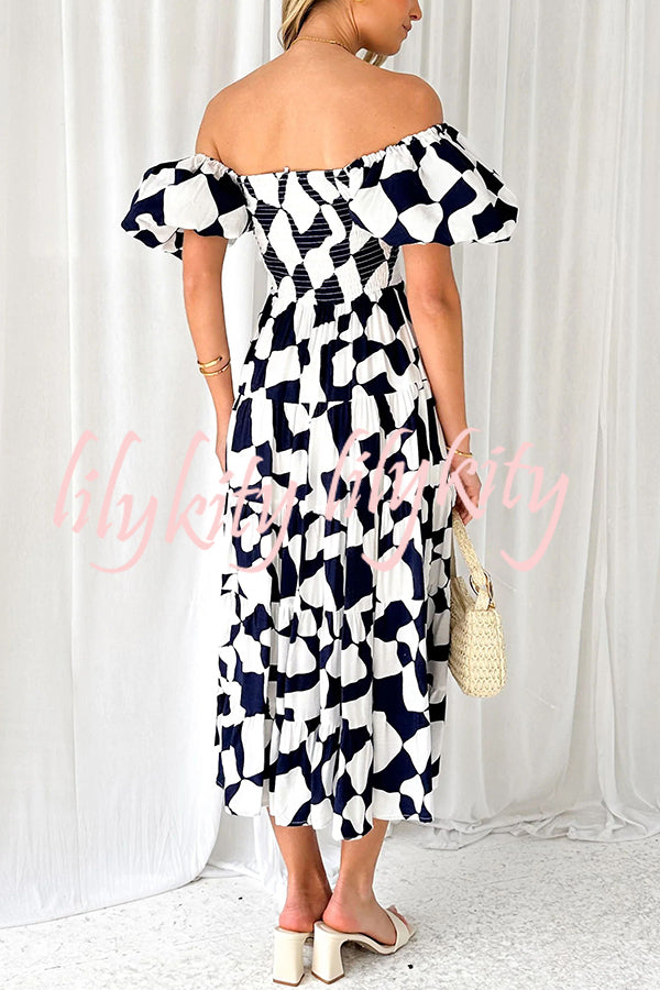 Petal Princess Unique Print Smocked Waist Puff Sleeve Midi Dress