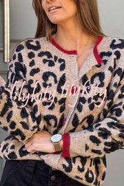 Leopard Print Crew Neck Long-sleeved Loose Knit Cardigan