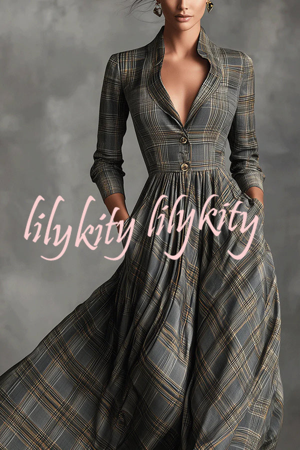Plaid Print Long Sleeve Slim Fit Casual Pocket Maxi Dress