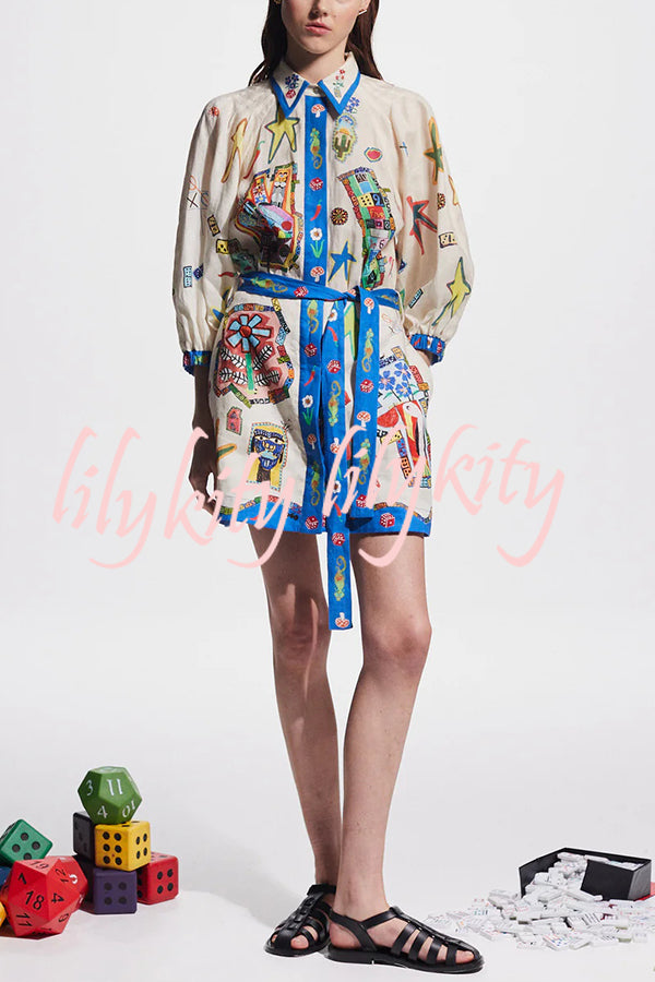 Linen Blend Unique Printed Balloon Sleeve Pocket Tie Waist Mini Dress