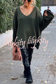 Fashionable Patchwork V-neck Long-sleeved Knitted Sweater