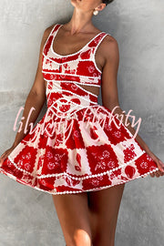 Holiday Colors Ric Rac Trims Unique Print Cutout Round Neck Mini Dress