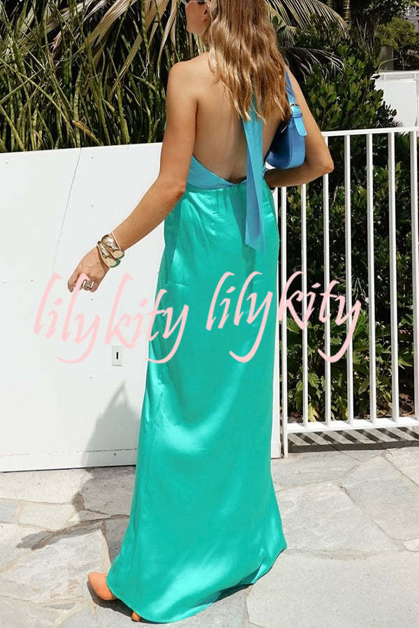 Like A Gem Satin Colorblock Halter Backless Party Maxi Dress