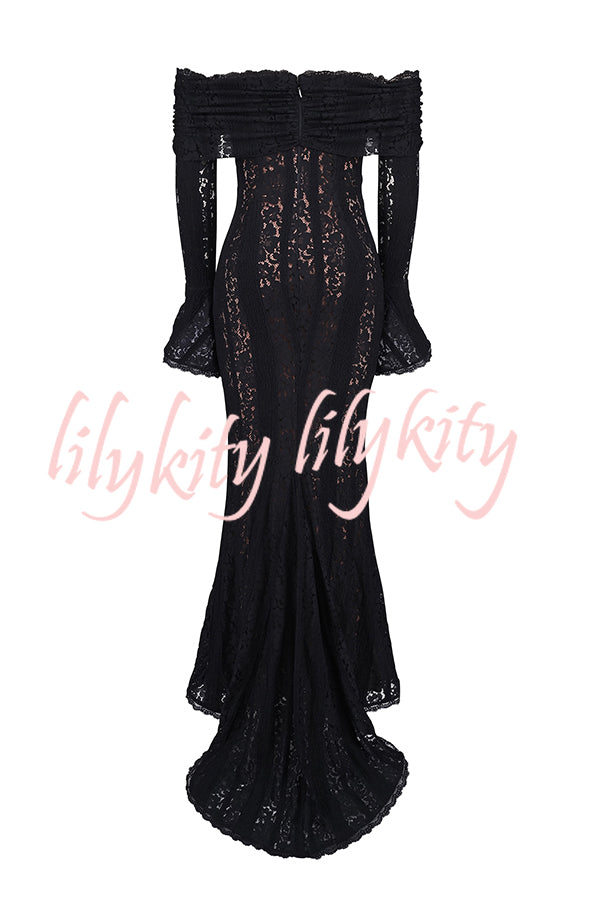 Outline The Curve Floral Lace Off Shoulder Bell Sleeve Stretch Maxi Dress