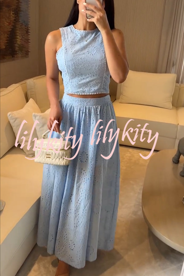 Kaya Embroidery Hollow Lace Back Smocked Tank and Elastic Waist A-line Maxi Skirt Set