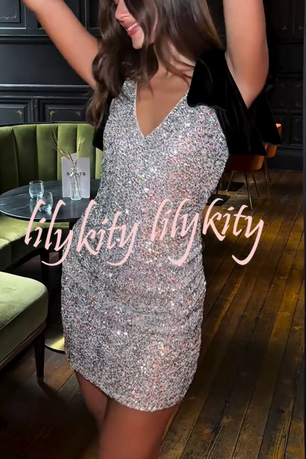 Sparkle and Elegance Sequin Velvet Bow Strap Detail V-neck Mini Dress