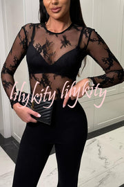 Elegant Sexy Touch Lace Mesh Long Sleeve Stretch Bodysuit