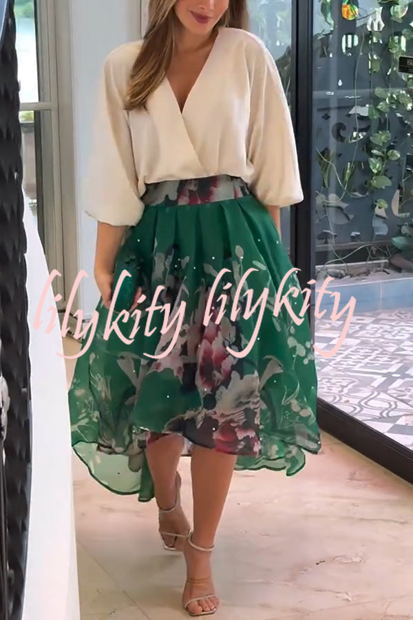 Tessy Batwing Sleeve Top and Floral Elastic Waist Pearls Detail High Low Midi Skirt Set