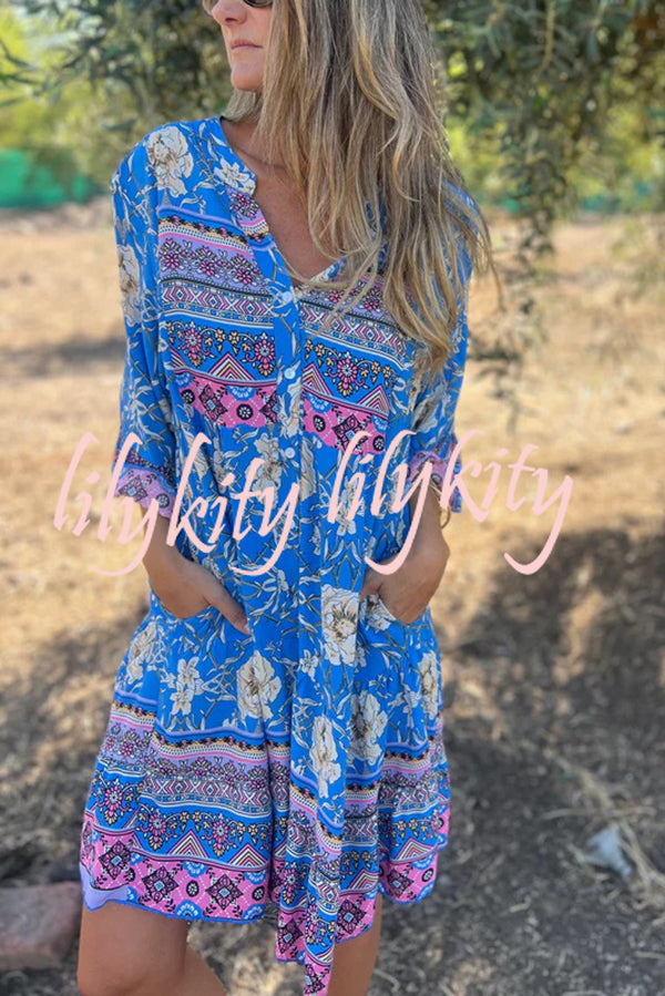 Ethnic Floral Print V-neck Loose Pocket Mini Dress