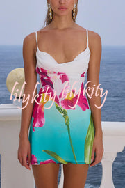 Fresh Summer Floral Print Cowl Neck Slip Mini Dress