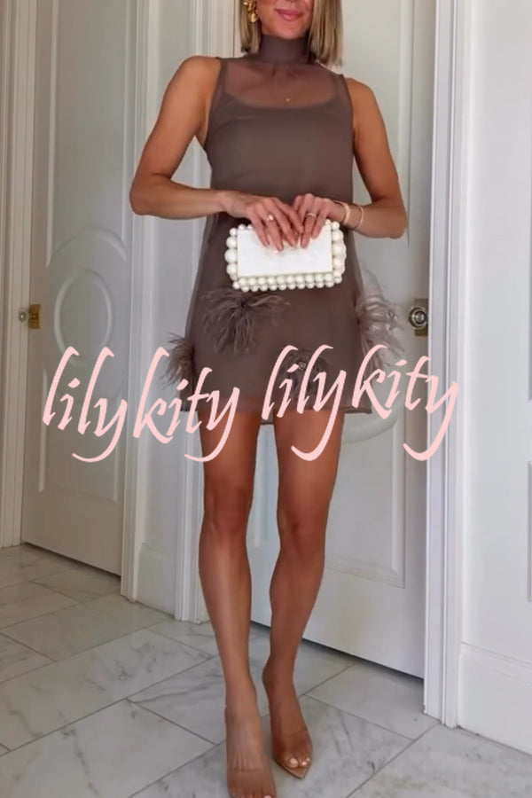 Playful Charm Sheer Chiffon Embellished Feather Back Bow H-line Mini Dress