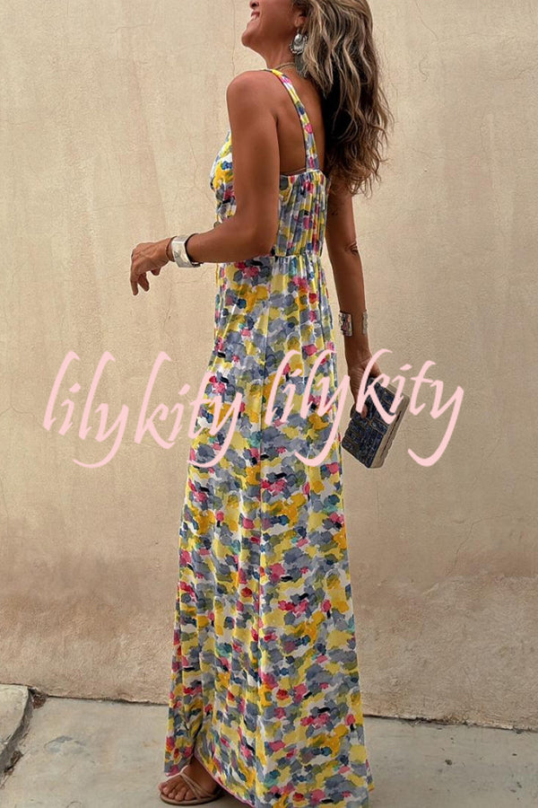 Flora Watercolor Print Crossover Neck Wide Straps Stretch Maxi Dress