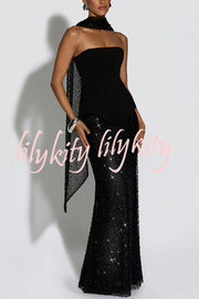 Oakley Corset Strapless Top and Sequin High Rise Maxi Skirt Scarf Set