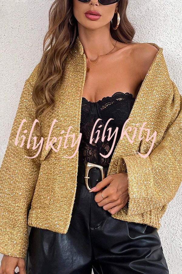 Fashion Sequin Long Sleeve Casual Pocket Loose Jacket