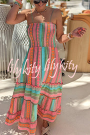 Plenty of Sunshine Linen Blend Ethnic Print Smocked Cami Midi Dress