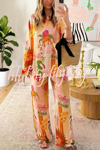 Unique Printed Casual Long Sleeved Shirt Top and Elastic Waist Loose Pants Sets