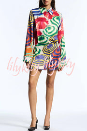 Elouise Satin Color Block Art Print Long Sleeve Button Back Elastic Waist H-line Mini Dress