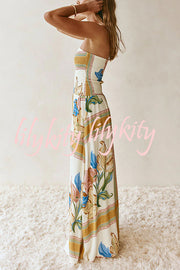 Linen Blend Unique Print Off-The-Shoulder Pleated Resort Maxi Dress
